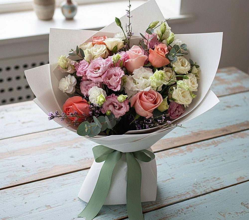 Букет цветов из: Розы, Лизиантусы и Гвоздики в Волжском Самарской области