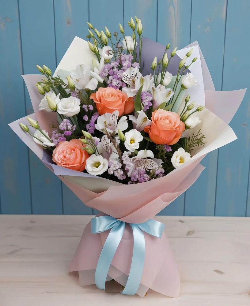 Букет цветов из: Лизиантусы, Розы, Альстромерии и Гипсофила в Волжском Самарской области