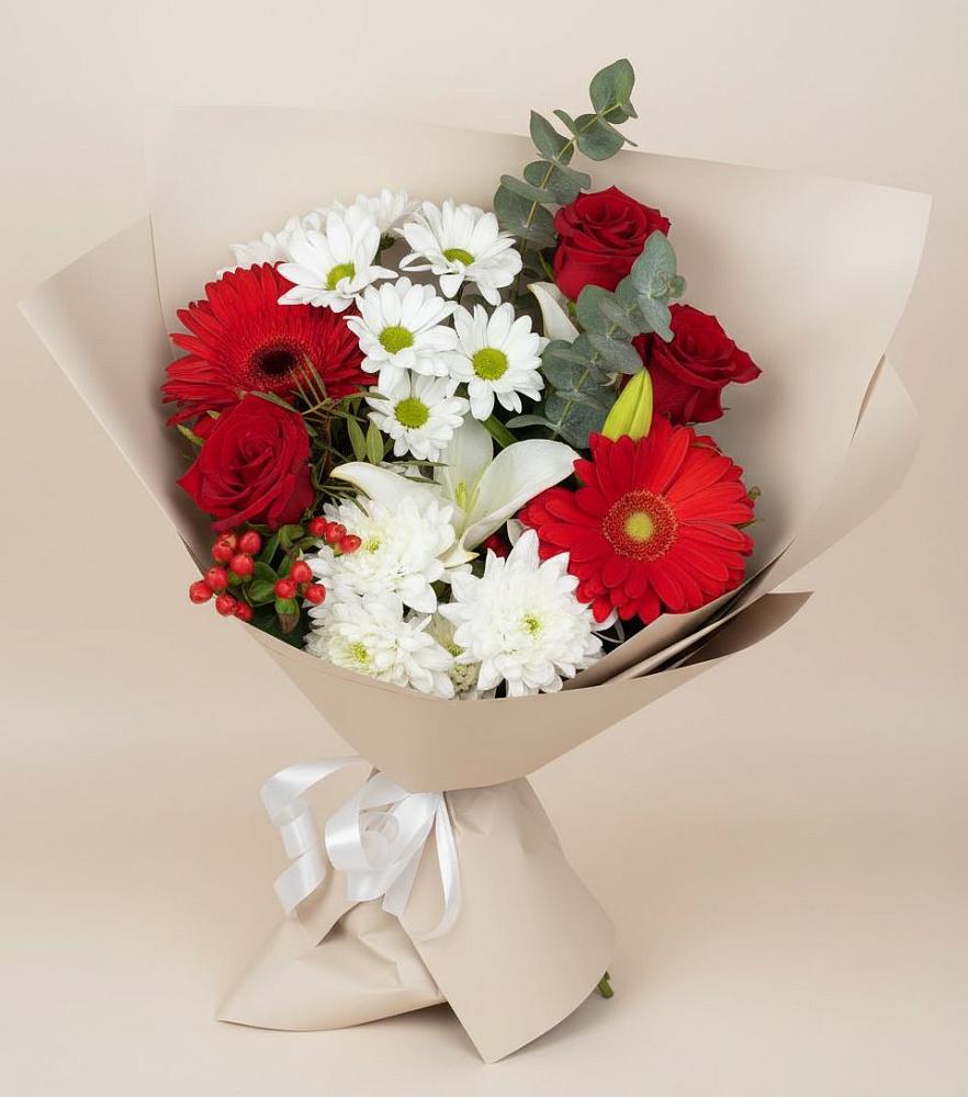Букет цветов из: Розы, Хризантемы, Герберы и Лилии в Волжском Самарской области